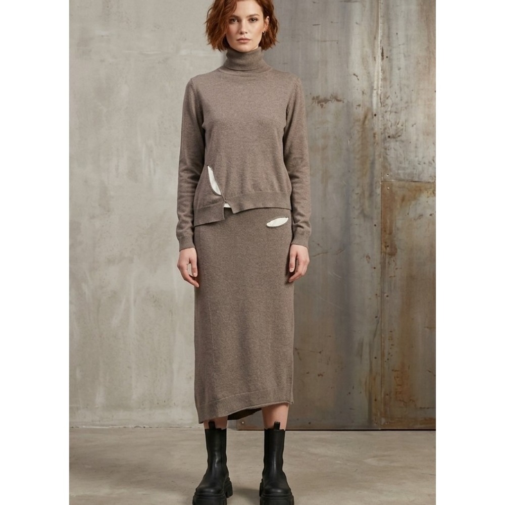 Humanoid S/M Merino Wool Cotton Set Alena Turtleneck Asher Midi Skirt Taupe